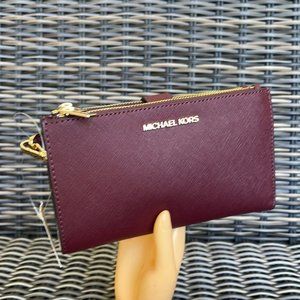 Michael Kors Jet Set Travel Large Double Zip Wristlet Wallet Dark Cherry Leather